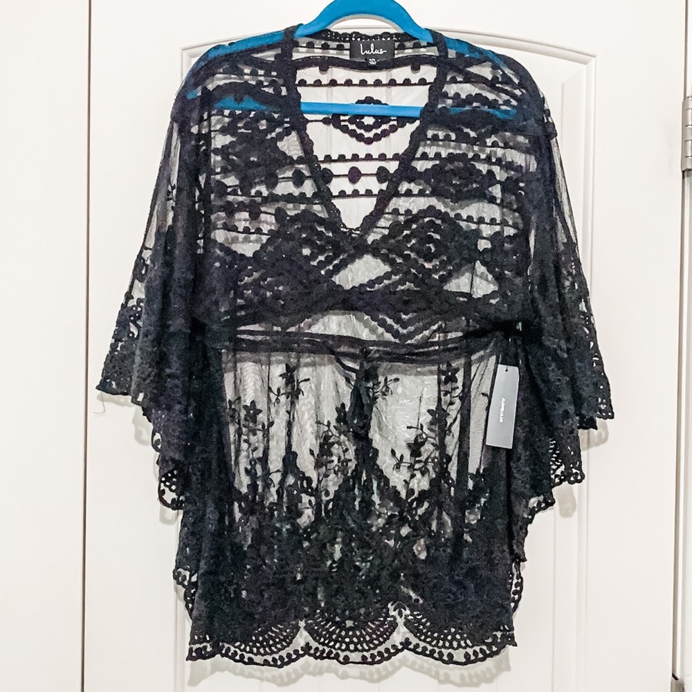 NWT Lulus Black Crochet Lace Sheer Swim Cover-Up Kimono Dress OS - Picture 4 of 4